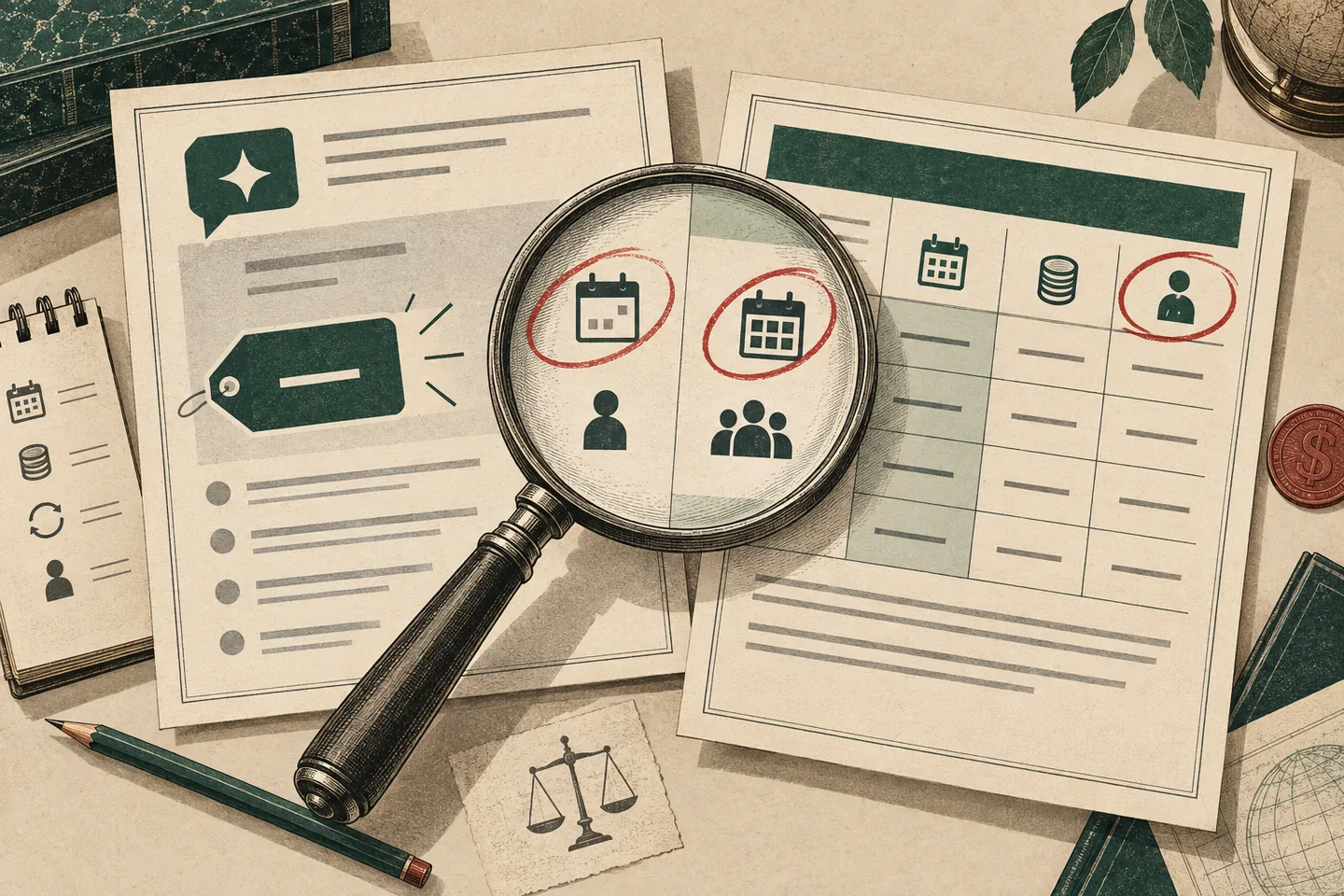 Vintage paper-and-ink illustration of a magnifying glass comparing billing calendars and per-person pricing symbols on an AI answer and a vendor offer worksheet.