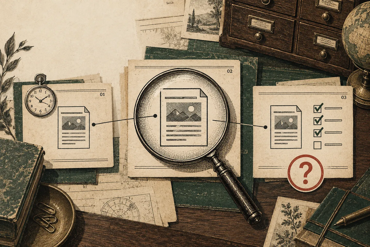 Vintage ink illustration of three linked catalogue slips showing an earlier page record, a document under a magnifying glass, and a live checklist with an unresolved indexing question.