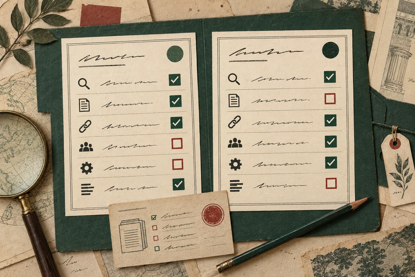 Vintage paper collage of two SEO proposal checklists on a green folio, with differing green check marks and red empty boxes showing scope differences.